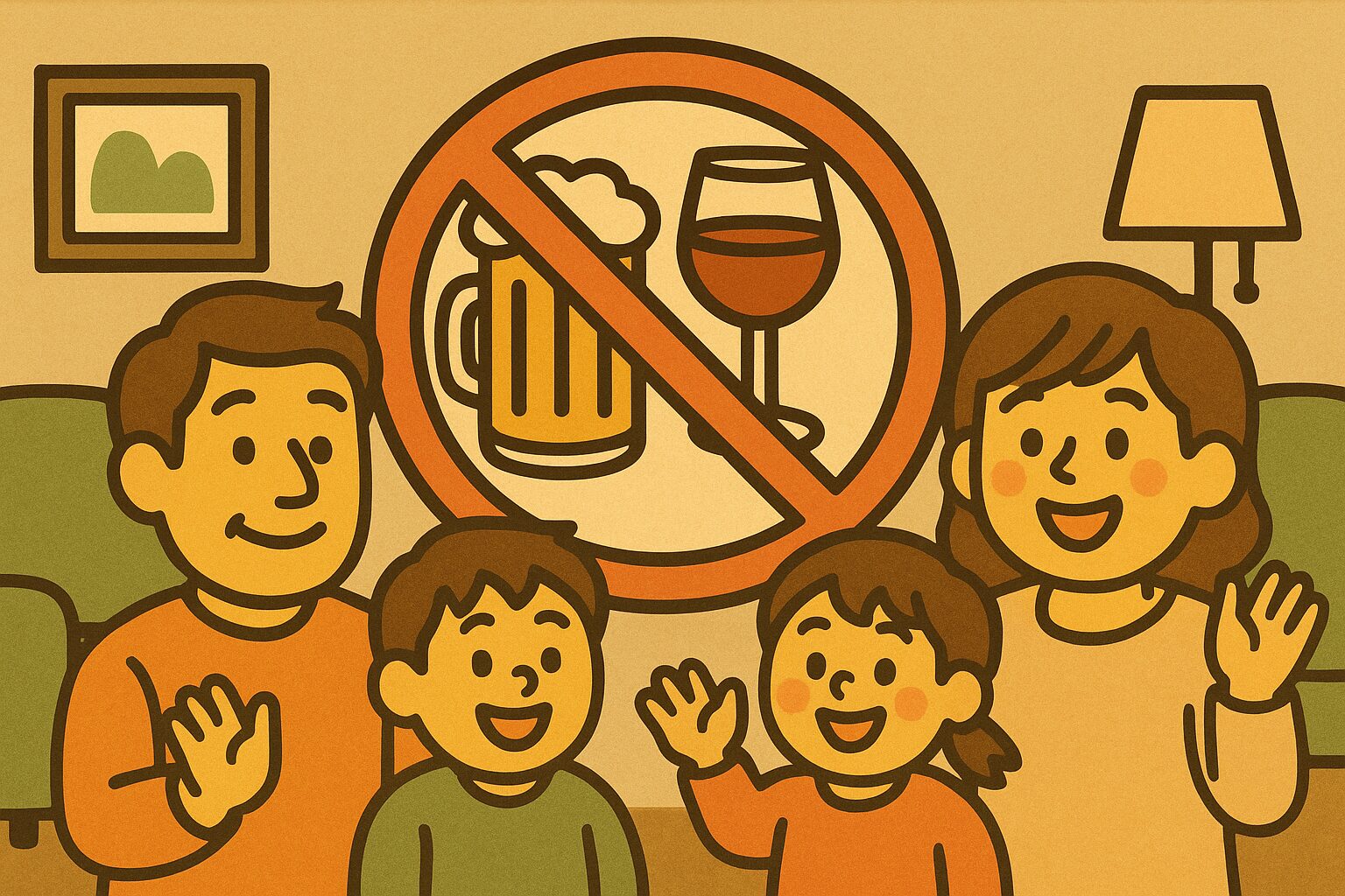 お酒を控える家族のイラスト|飲酒と寿命リスクに関する健康意識向上