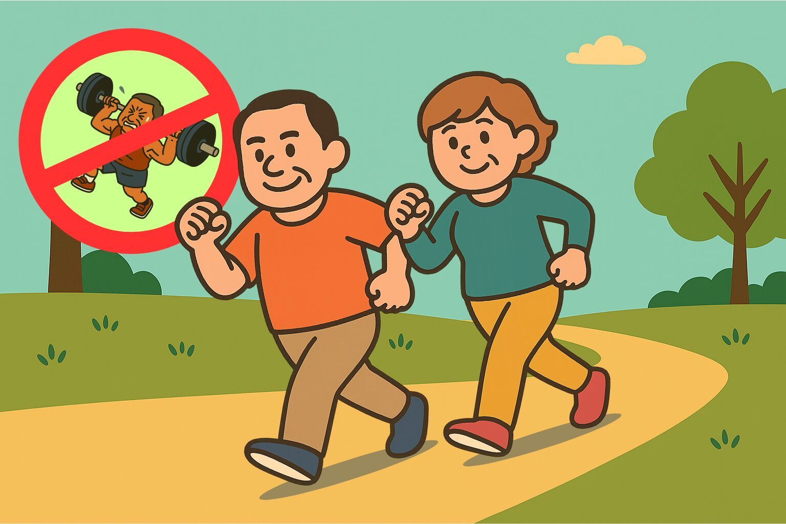 中高年夫婦が公園を楽しく速歩きしているイラスト。筋肉や関節の健康に適度な運動が重要であり、激しい筋トレは控えるべきことを示している。