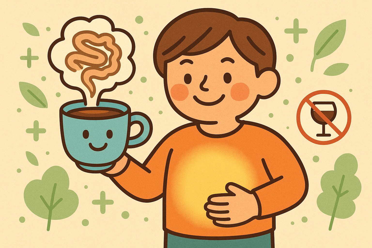 カフェイン入りコーヒーの便秘改善効果を示すイメージイラスト。健康的な腸の動きを表す蒸気とスッキリしたお腹の人物、アルコール控えめの効果も示唆