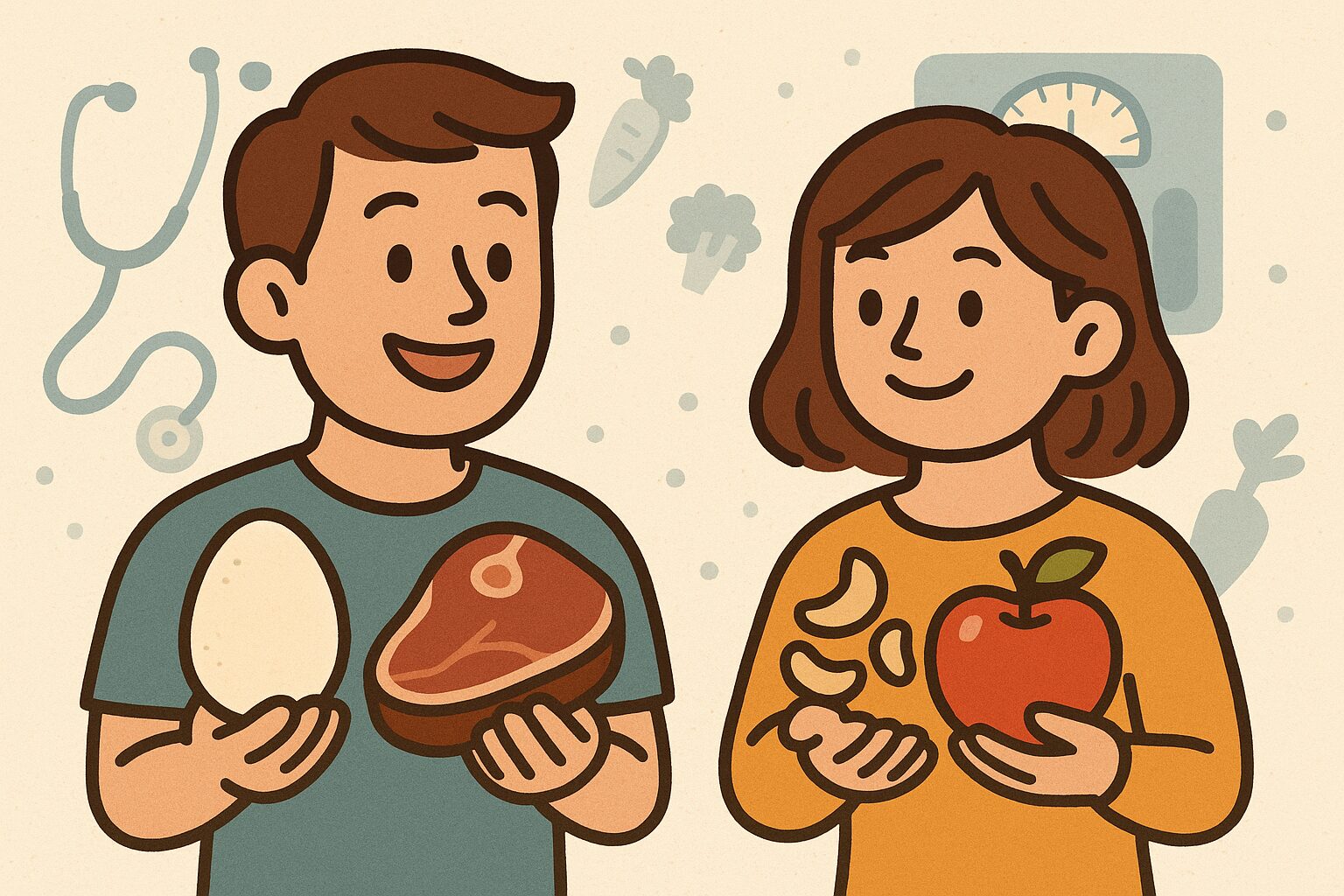 男性は卵と牛肉、女性はリンゴとナッツを持つダイエット食イラスト|性別別やせ食材