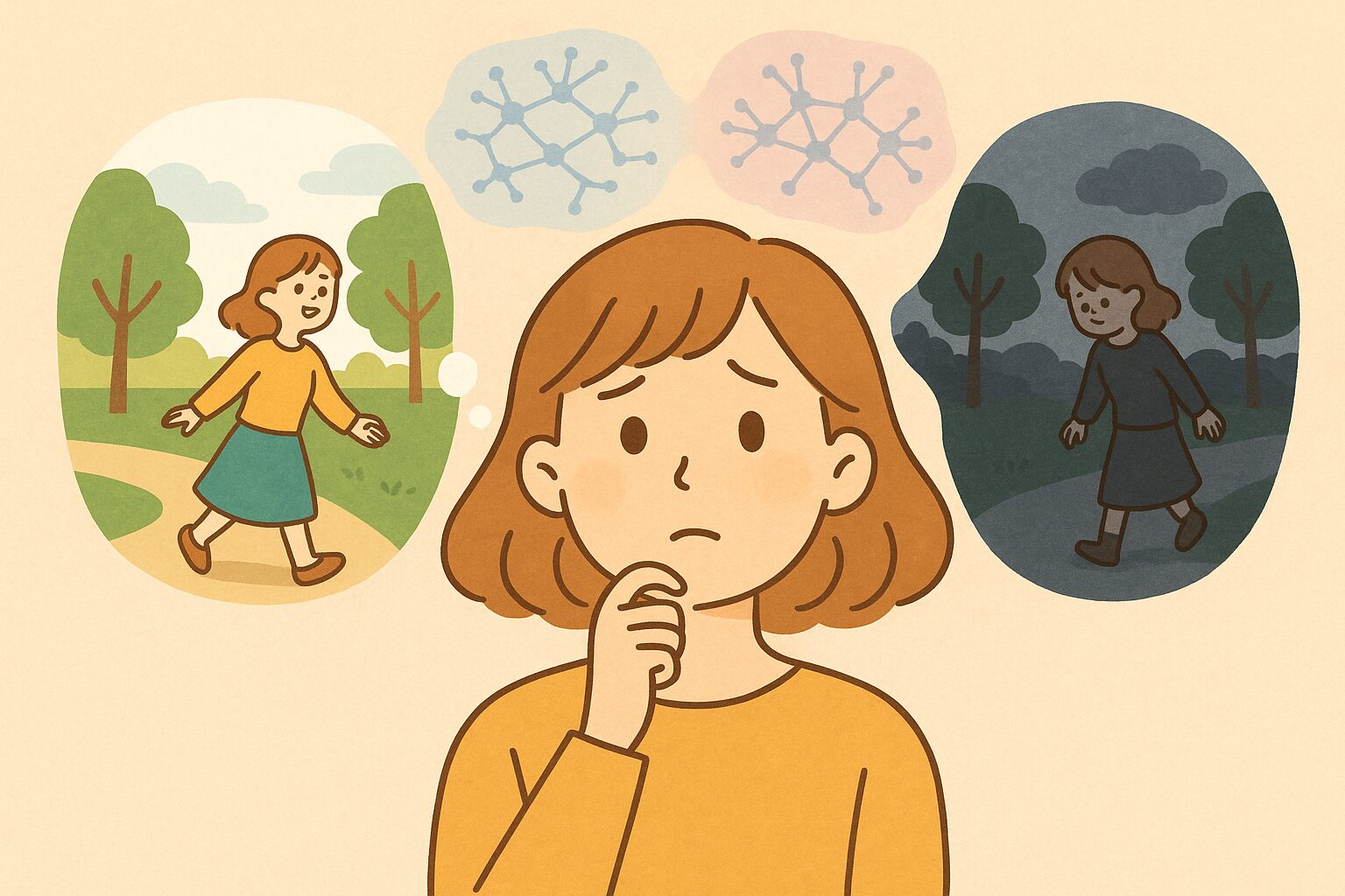 脳の記憶ネットワークが恐怖と結びつく仕組みをイメージしたイラスト。昔は何でもなかった出来事があとから怖くなる脳科学のメカニズムを表現