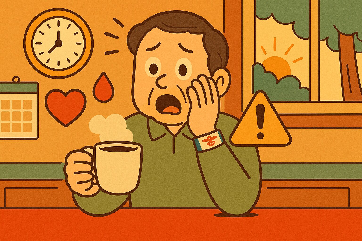 糖尿病の中年男性が朝6時に驚いた表情でコーヒーを持つ姿|健康リスクとカフェイン摂取時間を示すイラスト