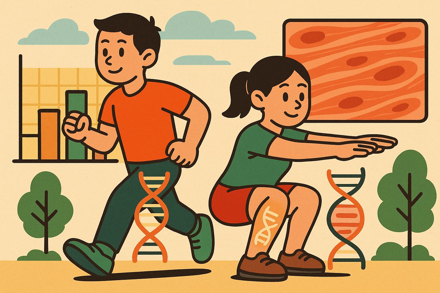筋肉の記憶と運動科学を表す男女の運動イラスト