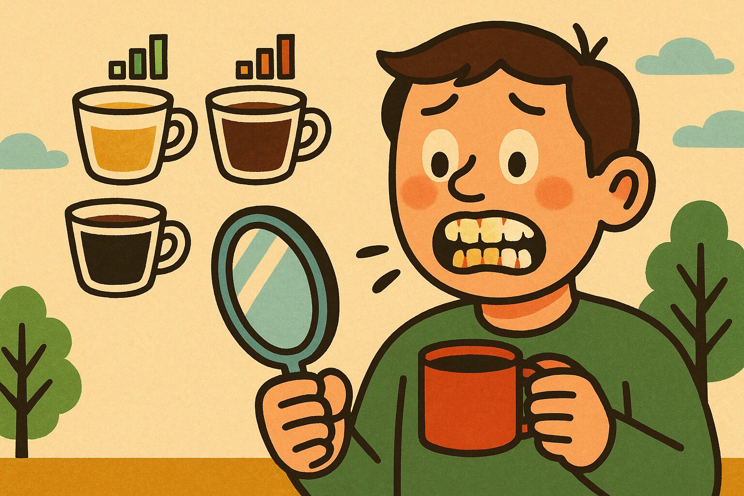 コーヒーで歯が黄ばんだことに驚く男性と焙煎度別のコーヒーカップを描いたイラスト