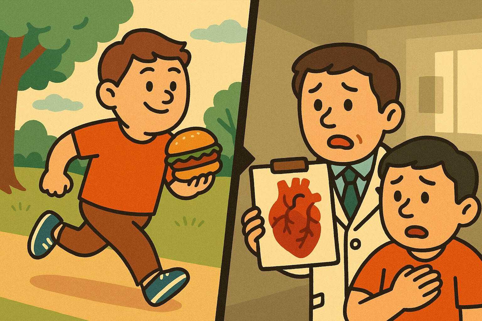 中強度の運動と高脂肪食のリスクを対比するイラスト:ジョギングしながらハンバーガーを持つ男性と、心臓疾患を説明されるシーン