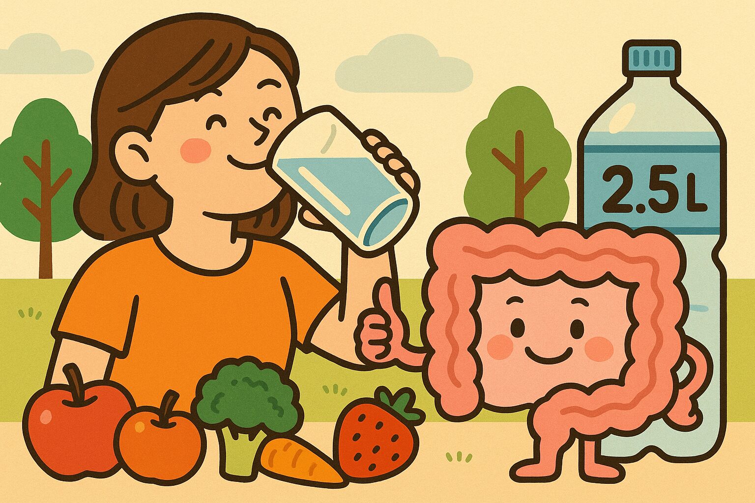 水を飲む女性と笑顔の腸キャラクター、便秘解消を象徴する健康イラスト