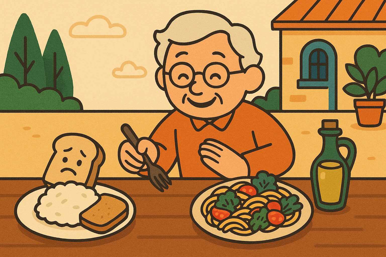 パスタを選ぶ高齢者の健康的な食生活を描いたイラスト