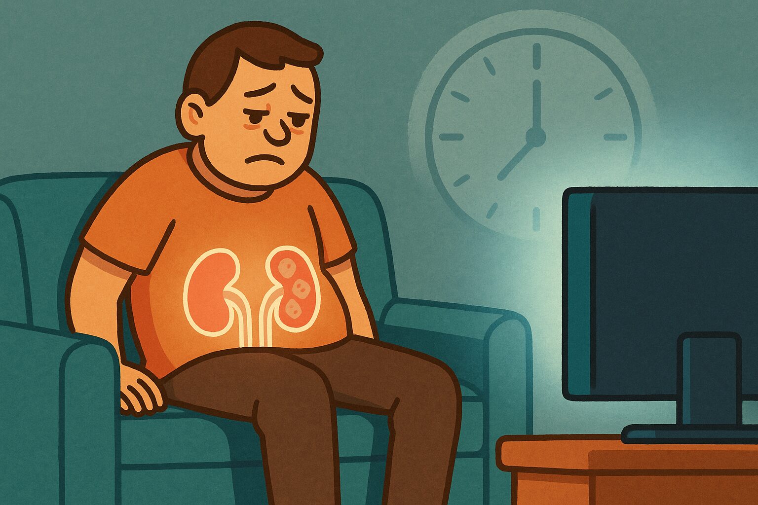 テレビを長時間視聴し腎臓に負担を感じる男性のイラスト