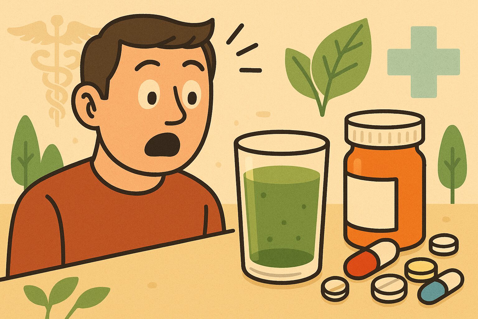 緑茶と処方薬を見て驚く大人のイラスト|薬との相互作用に注意を促すブログ用画像