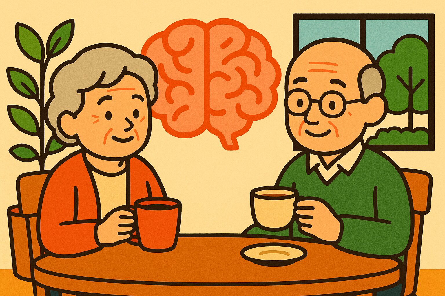 高齢の夫婦がコーヒーと紅茶を楽しみながら脳の健康を保つ様子を描いたレトロ調イラスト