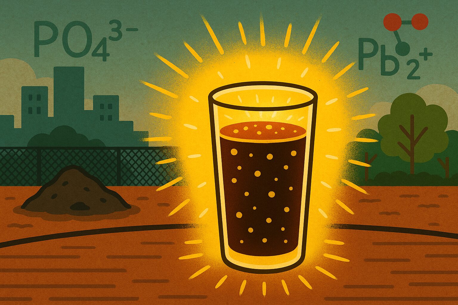 コーラの入ったグラスが再開発中の都市空間に置かれ、背景にリン酸や鉛の化学構造式が浮かぶイラスト