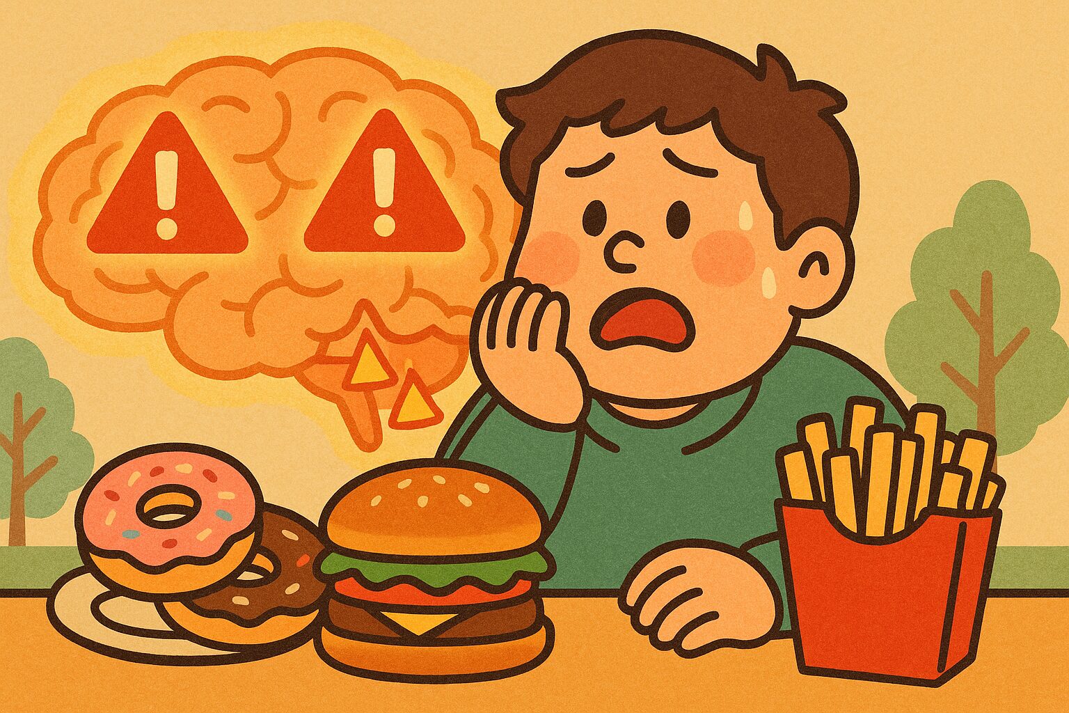 短期間の過食が脳に与える影響を示すイラスト。高カロリー食品に囲まれた若者と警告サインが浮かぶ脳。