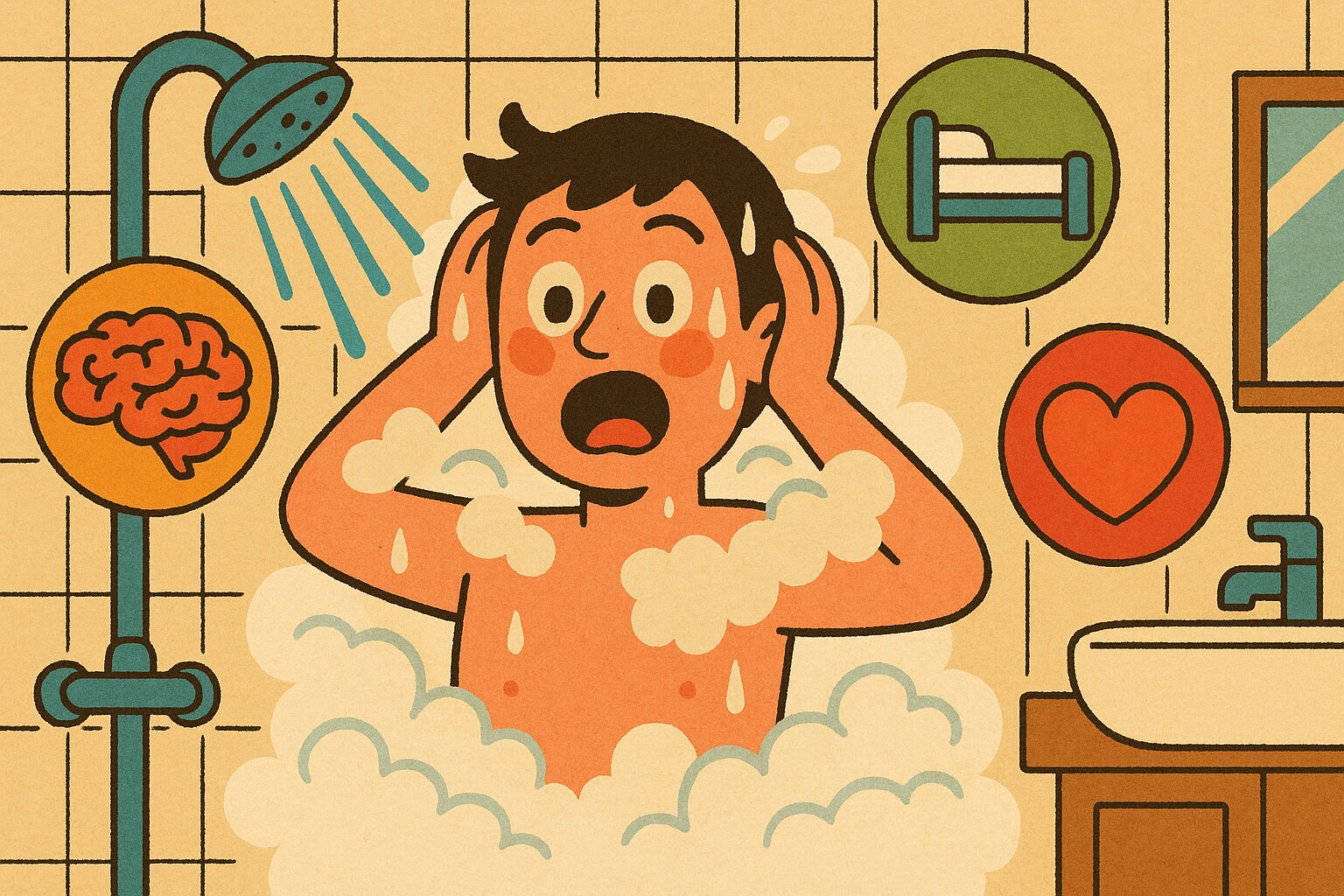 冷水シャワーを浴びる男性とストレス軽減・睡眠改善・健康促進を象徴するアイコンのイラスト
