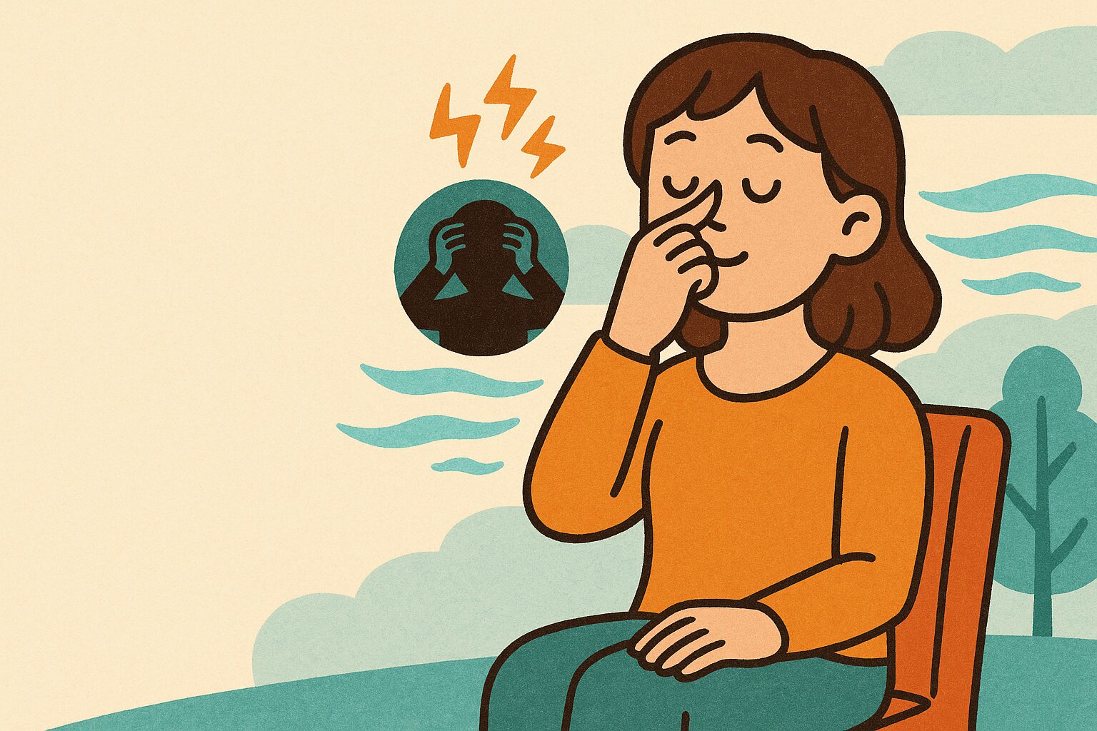 片頭痛を和らげるために交互鼻孔呼吸を行う女性のイラスト｜呼吸法で頭痛改善の健康習慣