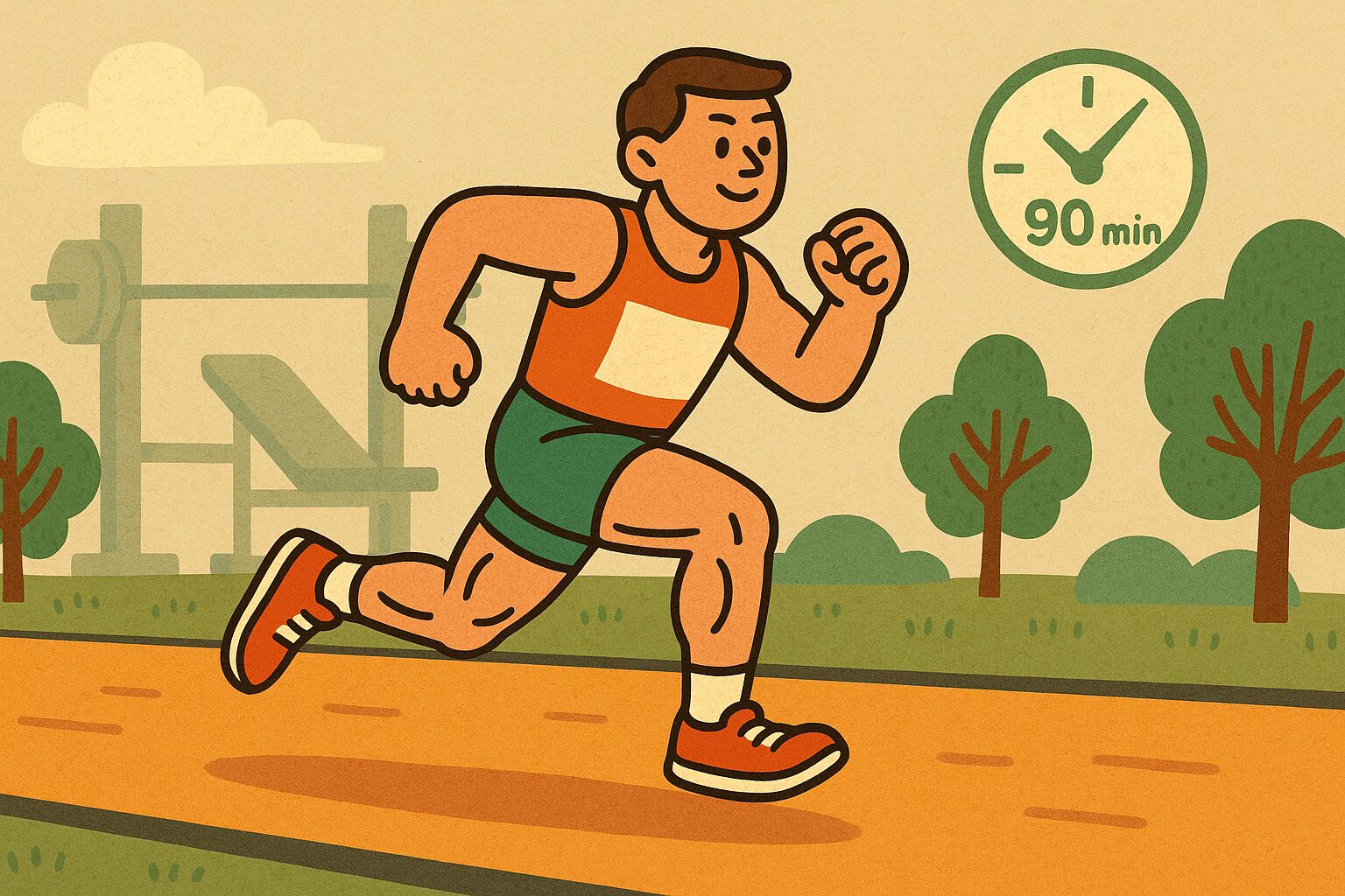 90分走ってもバテない筋力を活かす男性ランナーのイラスト｜筋トレの効果を実感できるマラソン後半の粘りを表現