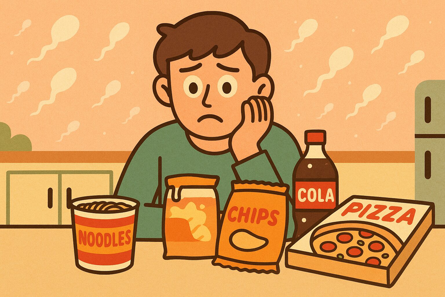 心配そうな若い男性と精子の減少を象徴するイラスト―超加工食品が男性の生殖力に与える影響を表現