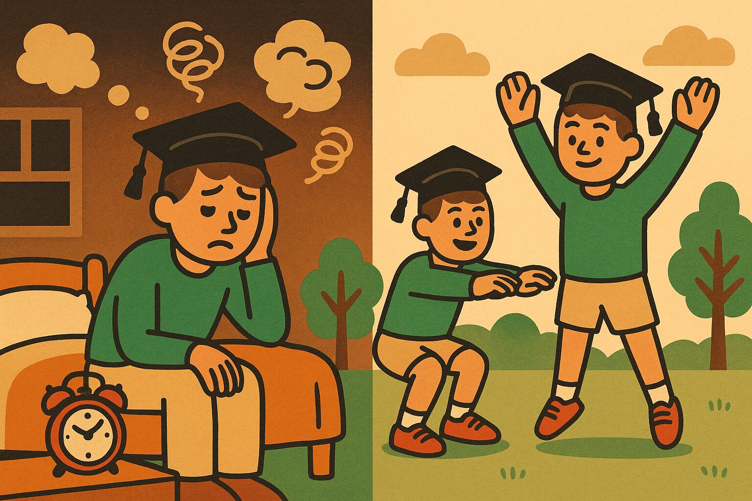 睡眠に悩む大学院生が運動で改善する様子を描いたカートゥーン風イラスト