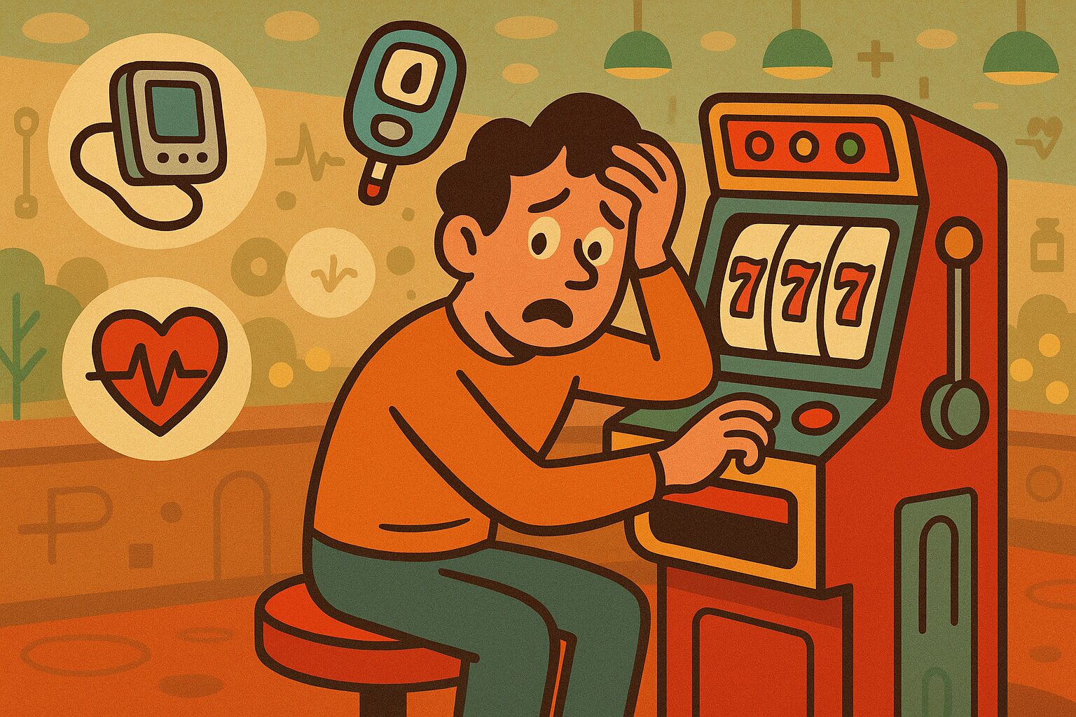 ギャンブルによる健康リスクを表すカートゥーン風イラスト。スロットマシンの前で驚く男性と血圧計・血糖測定器などの医療アイコン。