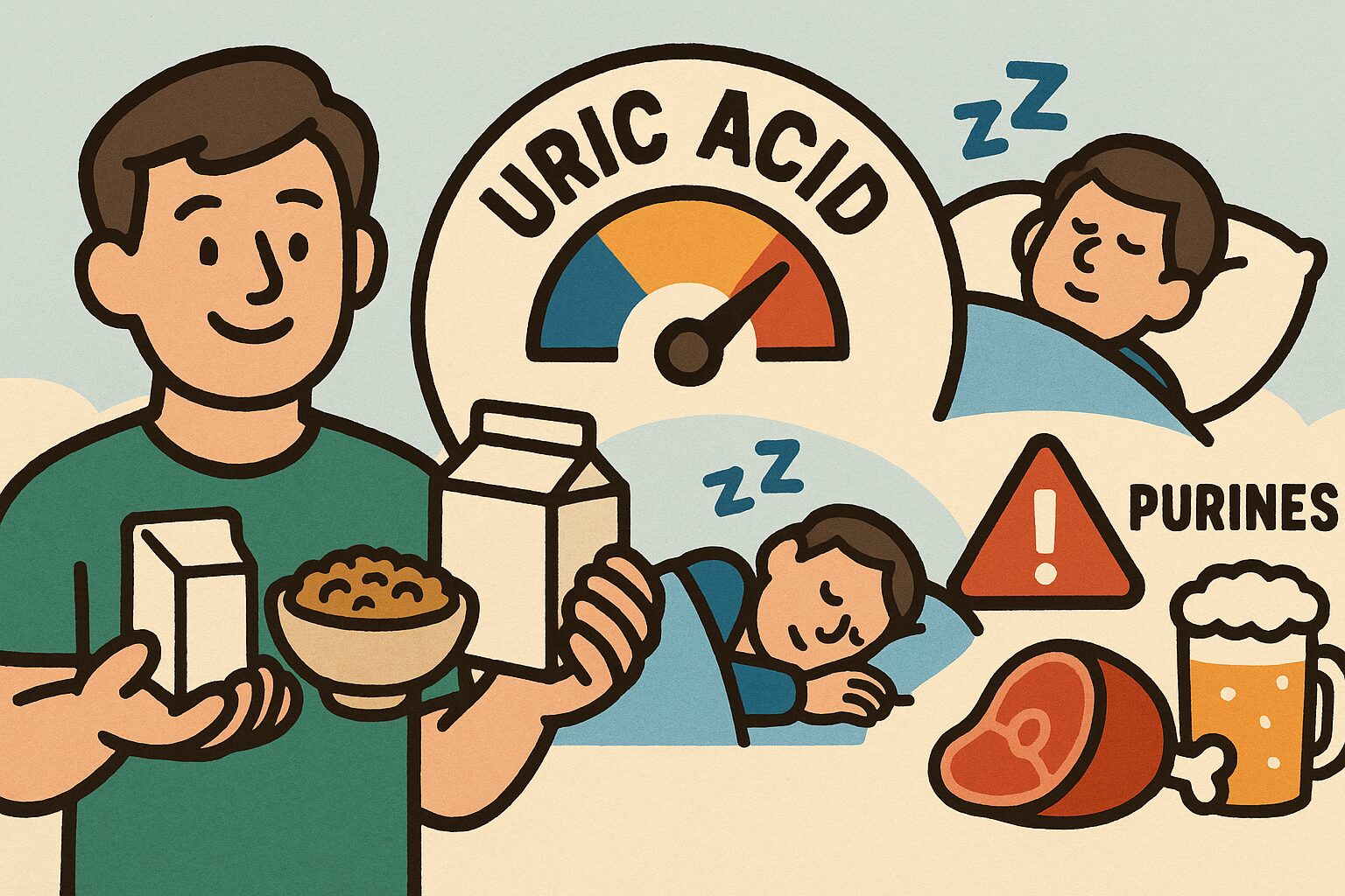 高尿酸血症のリスクと予防策を描いたイラスト:健康食品を持つ男性、安眠する人物、プリン体を示す警告マーク