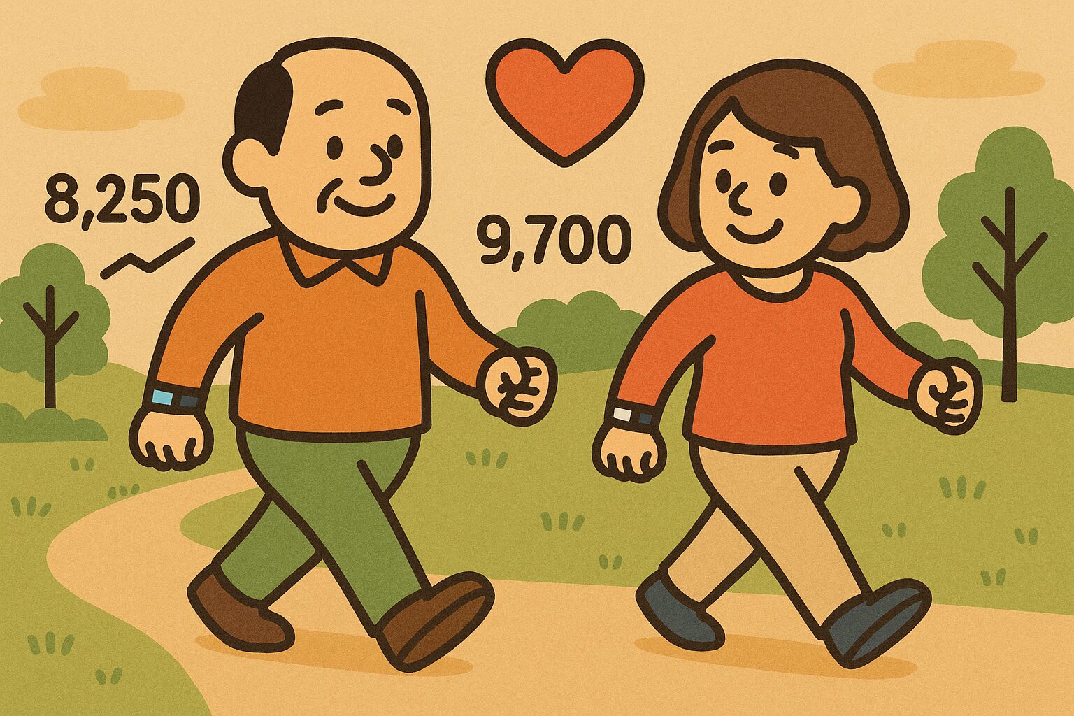中年夫婦のウォーキングと健康的な習慣のイラスト
