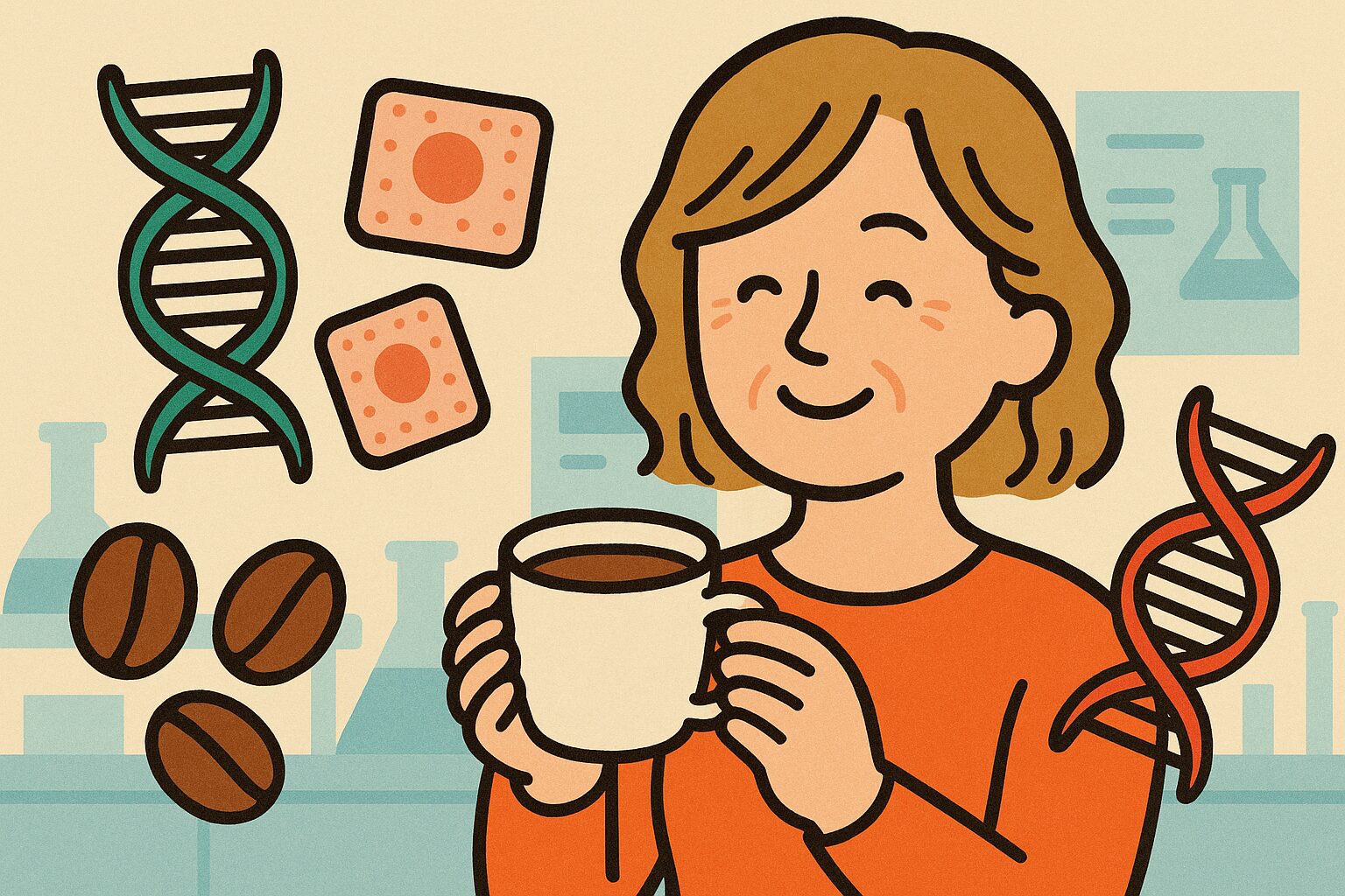 コーヒーを飲む中年女性とDNAや肌細胞のイラスト―肌の若さとコーヒーの関係を表現