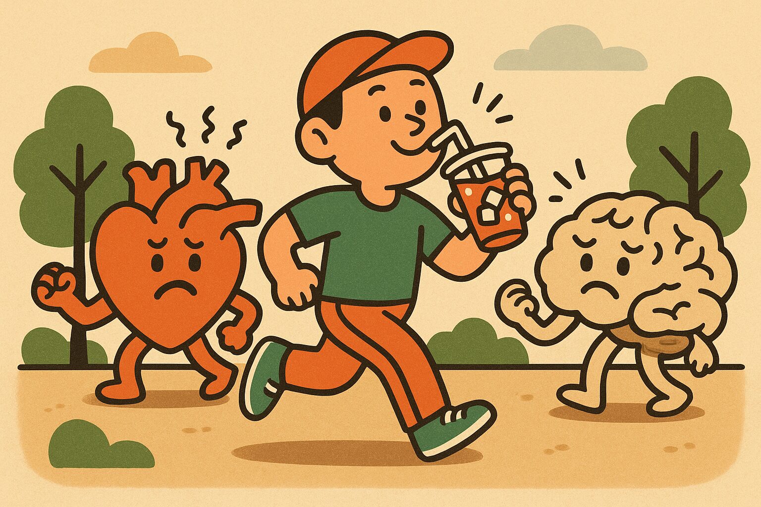 運動していても砂糖入り飲料は心臓と脳に悪影響？を描いたイラスト