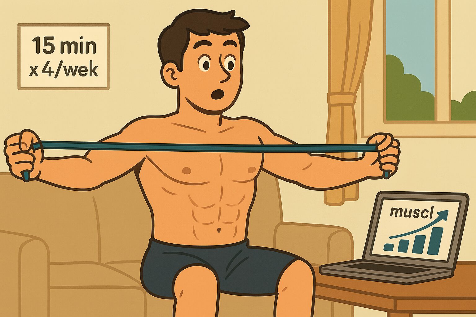 ストレッチで筋肉がつく様子を表す若い男性のイラスト(自宅・チューブ使用・15分×週4回)