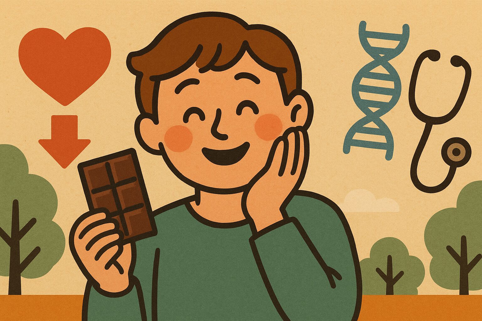 ダークチョコを持つ人物と心臓・血圧・DNA・聴診器のイラスト｜高血圧予防に関する健康研究の視覚表現