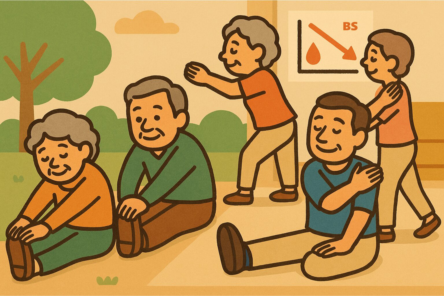 中高年の男女が静的ストレッチをしている様子。血糖値改善を示すグラフと血液アイコン付きの健康的なイラスト。