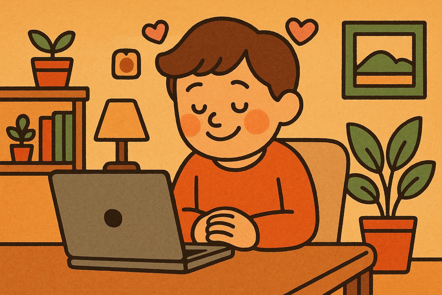 部屋でひとりお笑い動画を見て微笑む人のイラスト。リラックスした癒しの時間を表現