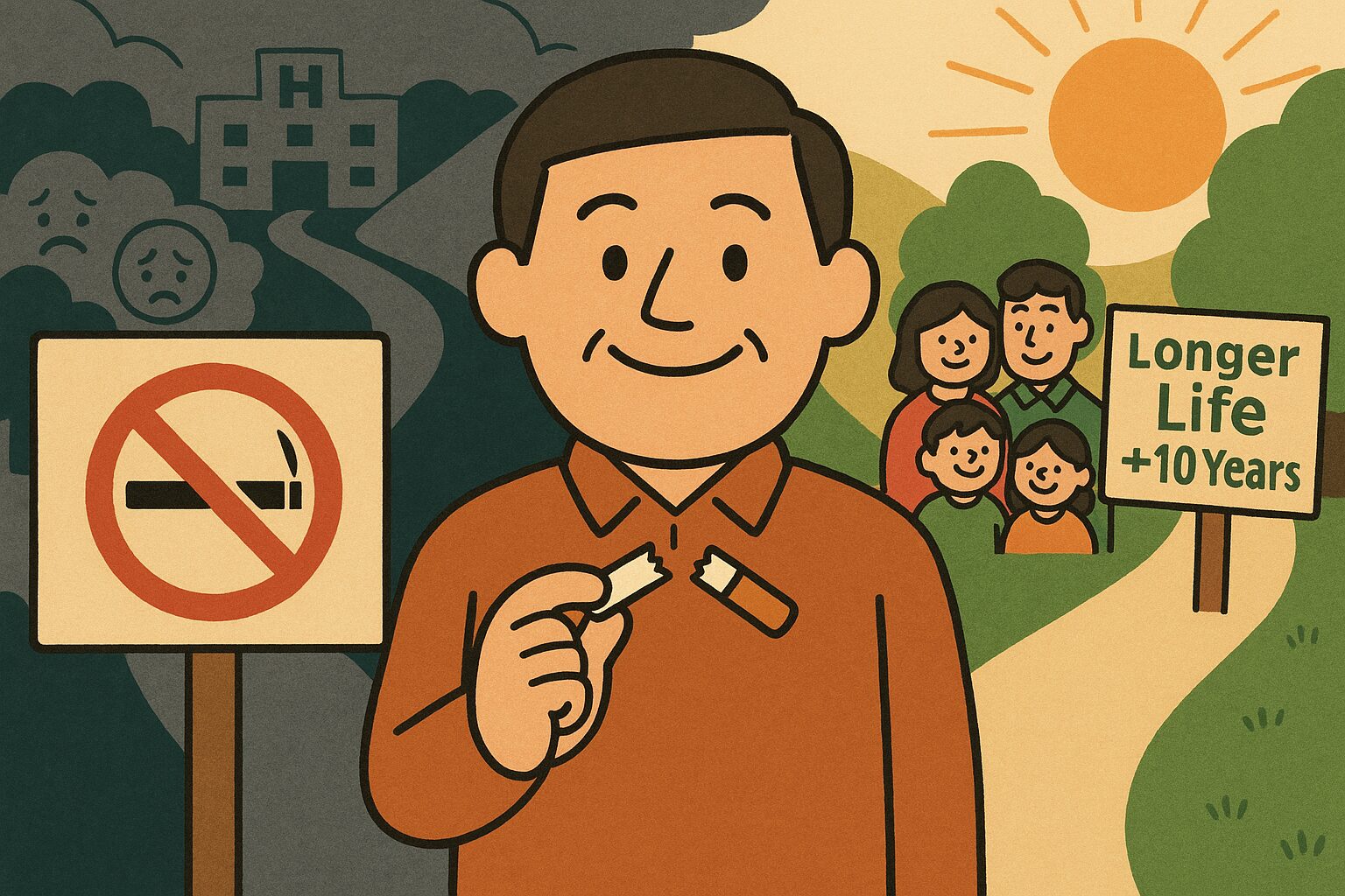 禁煙による健康改善と寿命延伸を描いた希望のイラスト