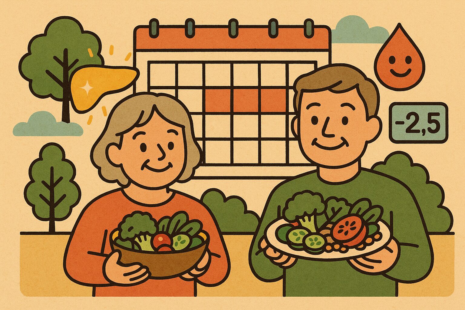 ファスティング模倣食で若返りを目指す中年夫婦と健康的な植物性食事のイラスト