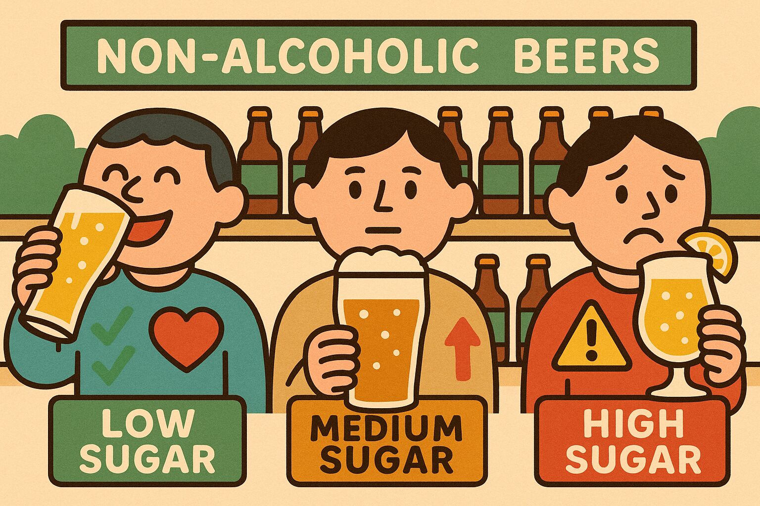 3種類のノンアルコールビールと血糖・脂質への影響を示すイラスト