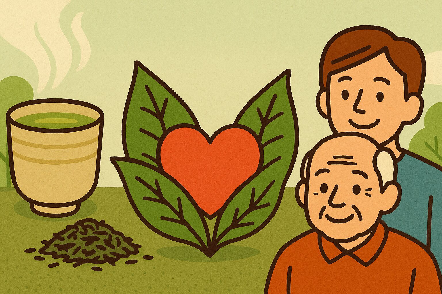 緑茶と心臓の健康を象徴するイラスト:湯気の立つ湯のみ、心臓を守る茶葉、笑顔の高齢者と若者
