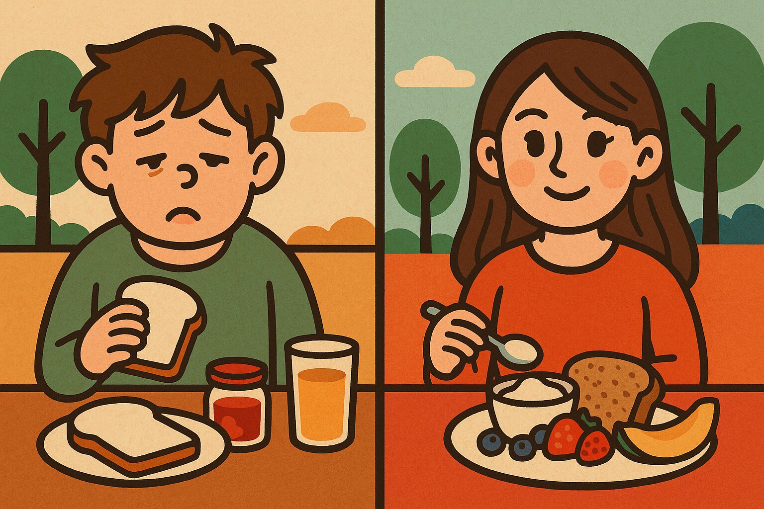 高GI食品と低GI食品の朝食を食べる男女の比較イラスト｜精製炭水化物と全粒穀物の影響