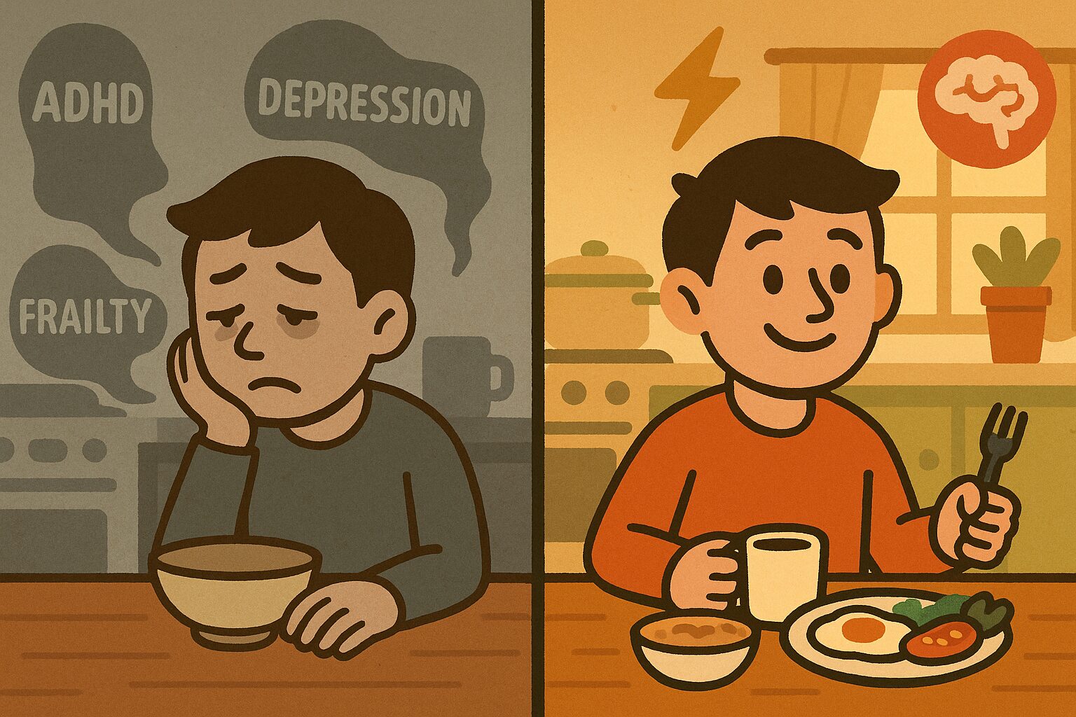 朝食を抜いた人と朝食を食べた人の健康状態の違いを比較したイラスト