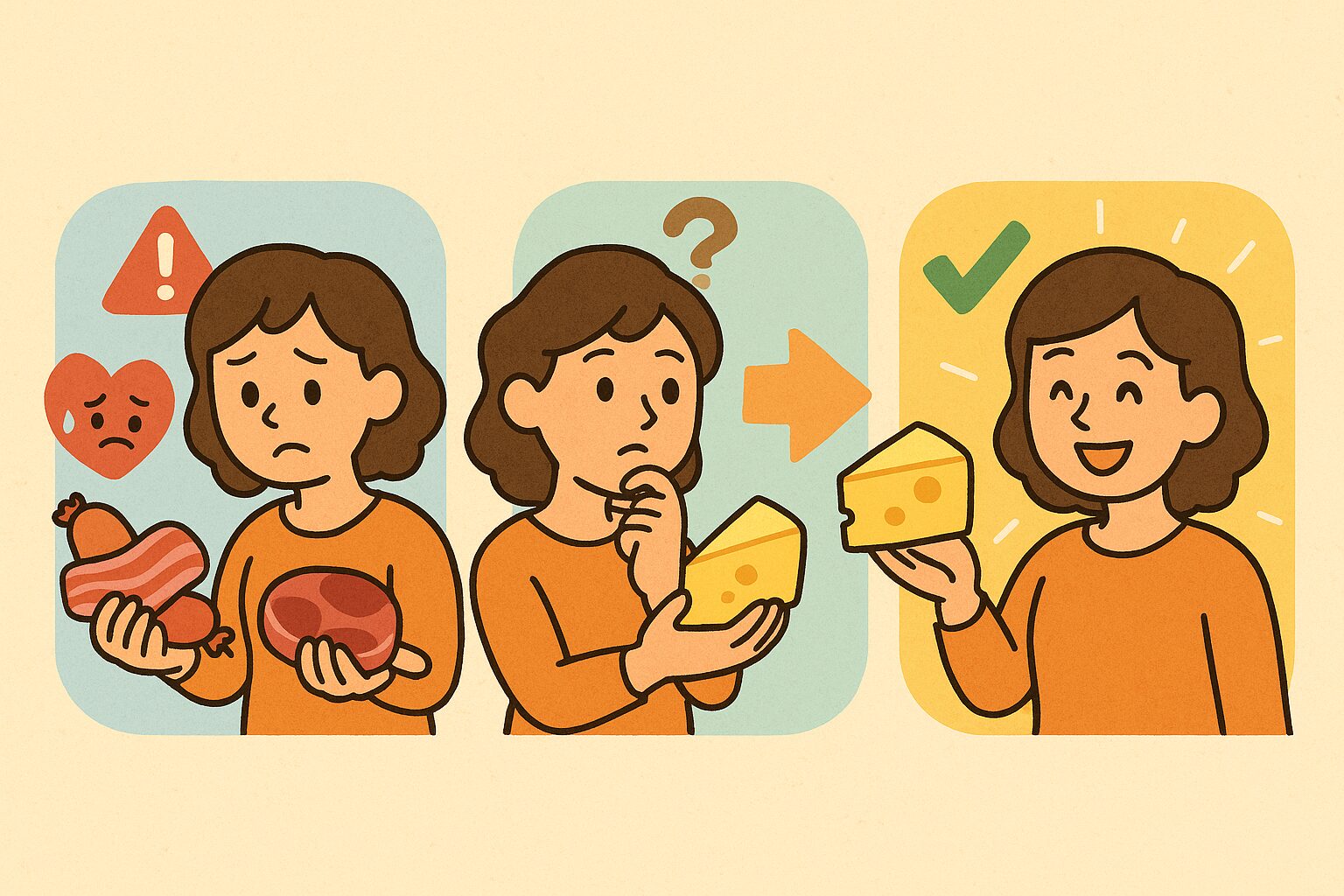 加工肉からチーズへの食生活の変化で心臓の健康が改善される様子を描いたカートゥーン風イラスト