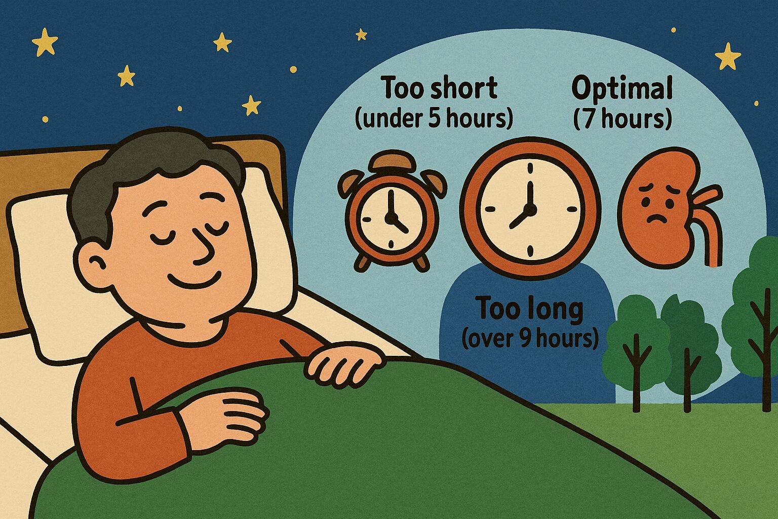 睡眠時間と老化の関係を示すイラスト。ぐっすり眠る中年男性と、睡眠時間の長さ別にU字型で並んだ体内時計や臓器のイメージ。