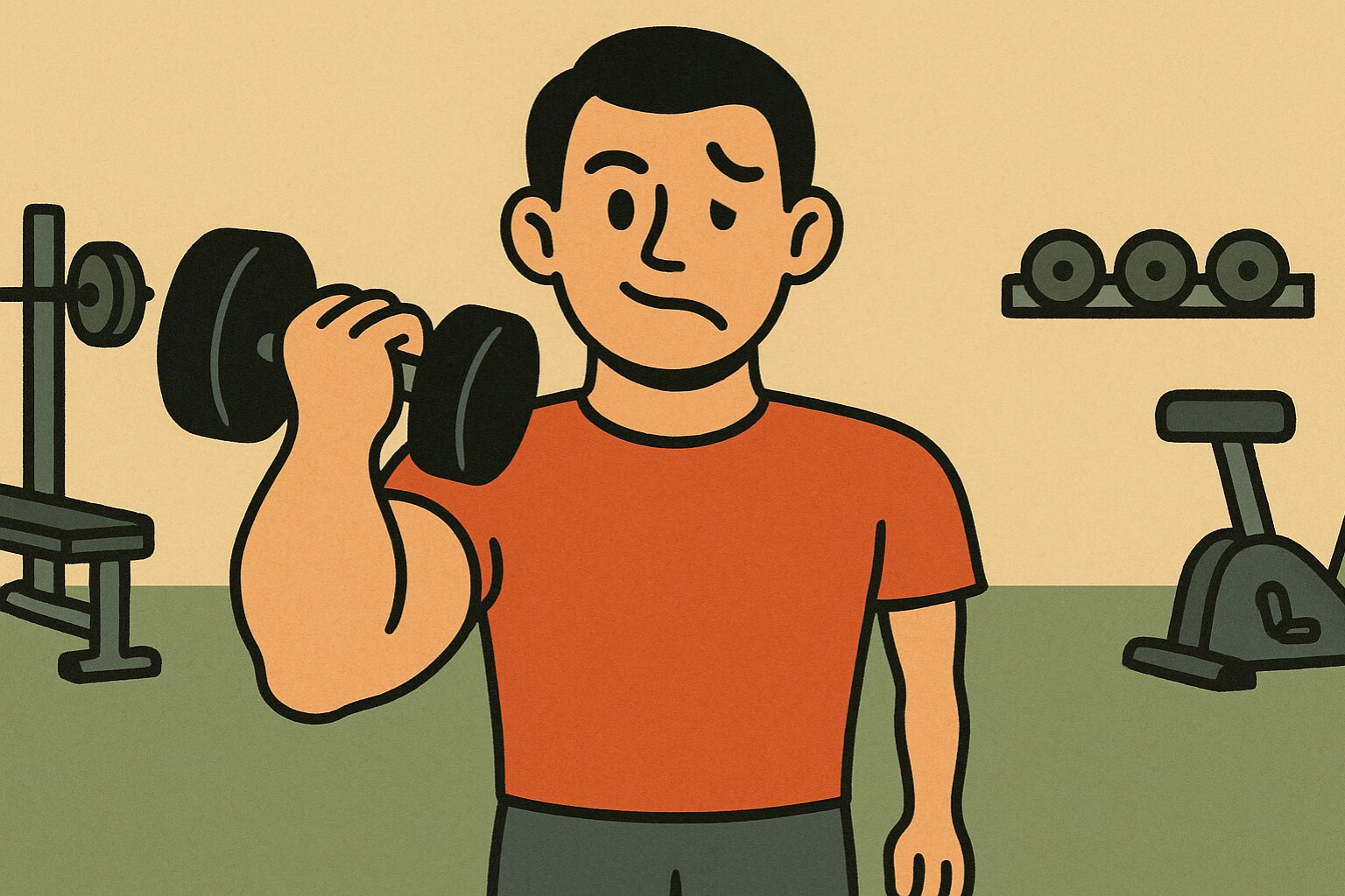 筋トレ中に鍛えた腕と萎縮した腕の対比が描かれた男性のイラスト。使わない筋肉が減ることを示唆。