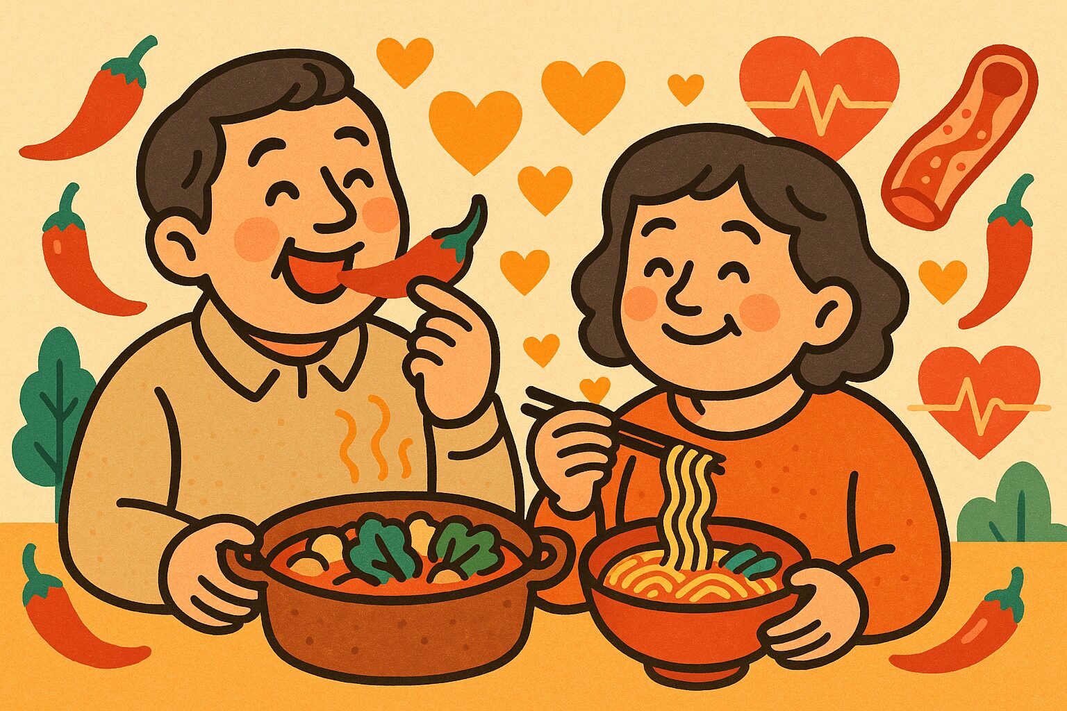 中年夫婦が唐辛子や火鍋、辛いラーメンを笑顔で楽しむ健康的な食事風景のカートゥーンイラスト
