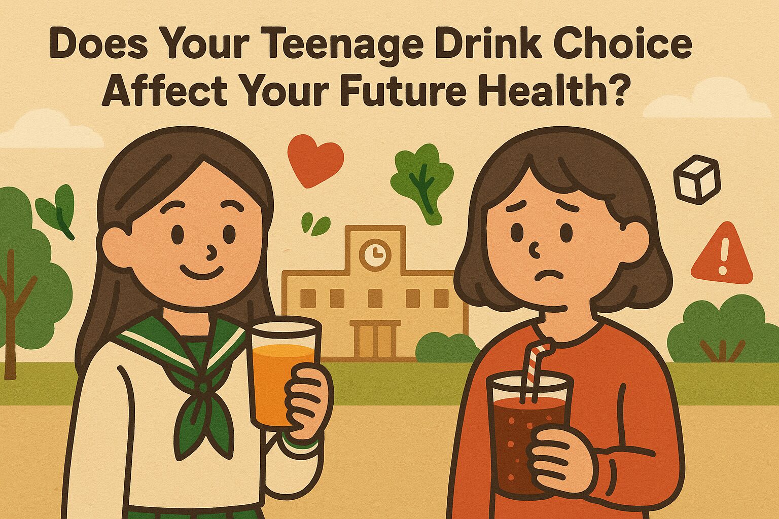 思春期の飲み物選びと将来の健康リスクを比較するイラスト