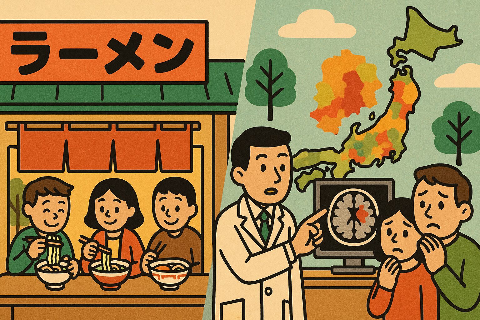 ラーメン店で食事を楽しむ人々と、脳卒中のCT画像を見せる医師と家族、背景に日本地図の脳卒中死亡率ヒートマップのイラスト