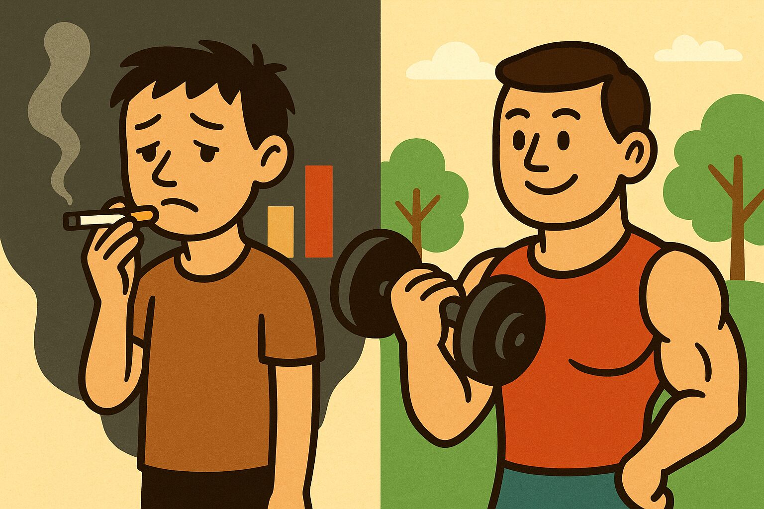 喫煙者と非喫煙者の筋肉量と健康状態の違いを描いたイラスト(ジムで筋トレする健康な男性と、タバコを吸う筋肉の少ない男性の対比)