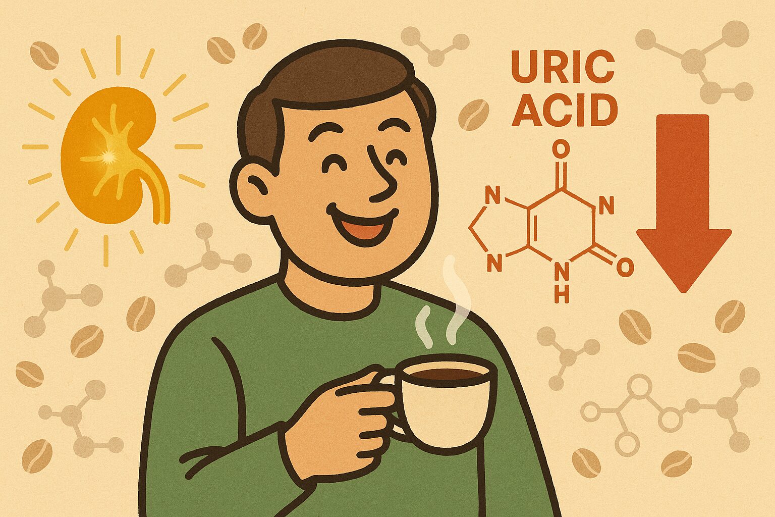 コーヒーを飲む男性と尿酸の構造式、腎臓のイラストが描かれた健康に関するレトロ調イラスト