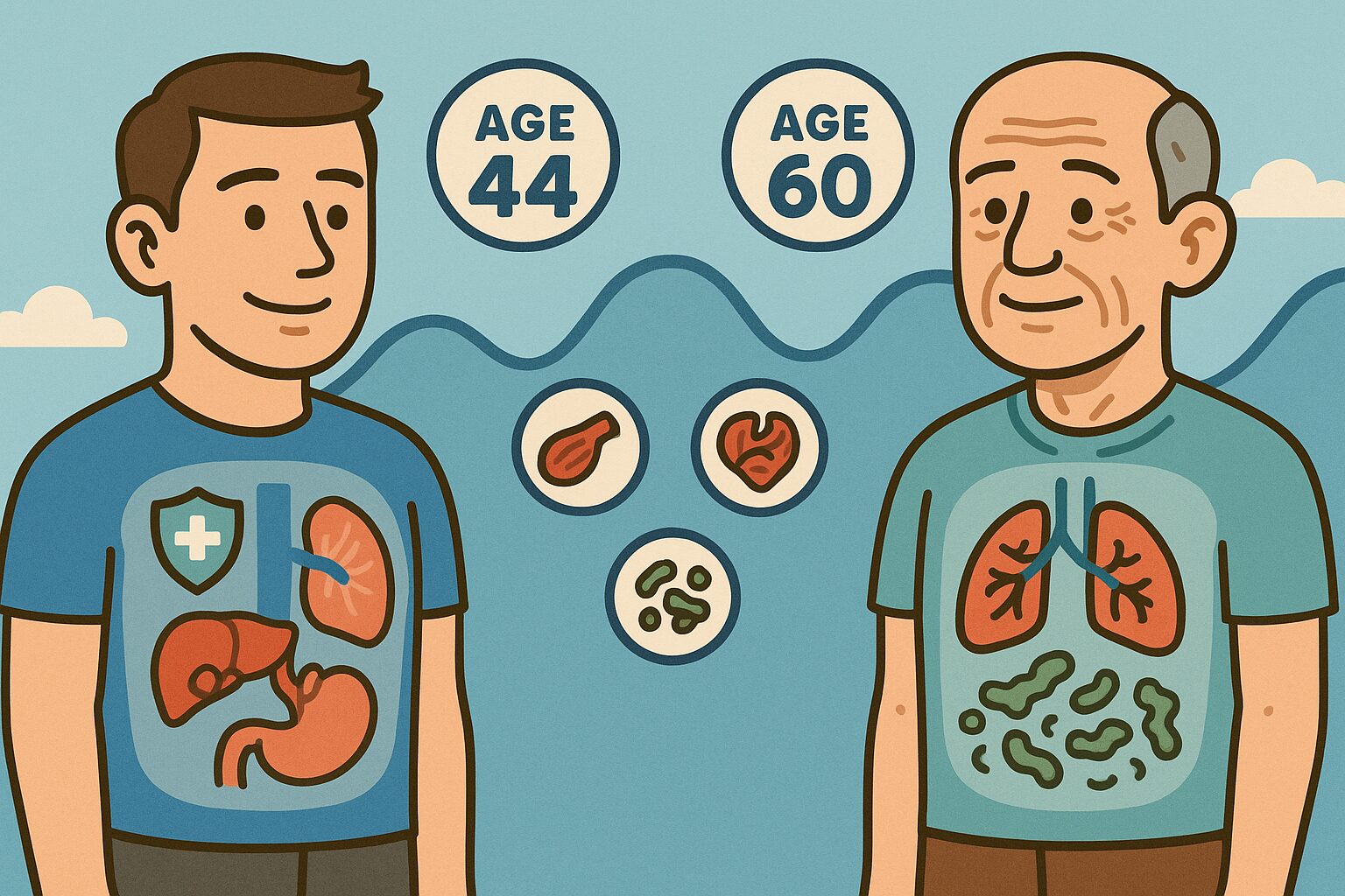 44歳と60歳男性の老化の違いを比較したイラスト。免疫・筋肉・心血管・腸内環境の変化を象徴するアイコン付き。