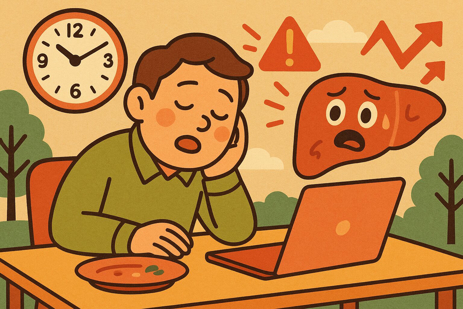 昼寝をしている中年男性と警告を発する肝臓のイラスト、非アルコール性脂肪肝疾患(NAFLD)のリスクを示す