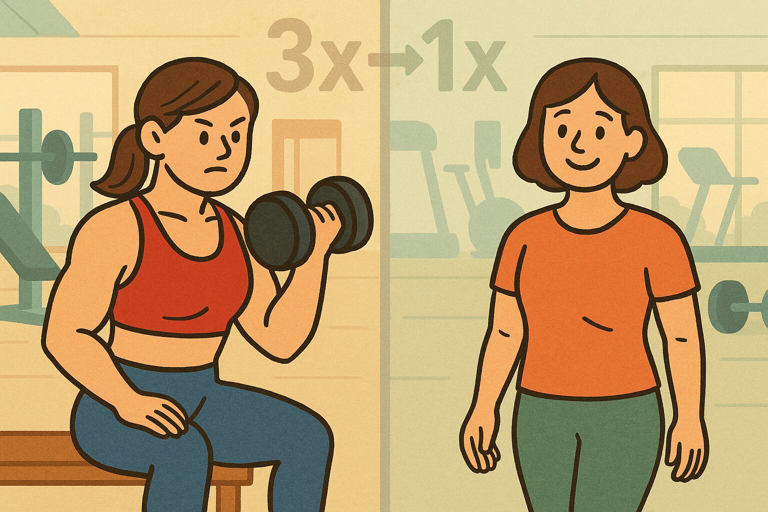 筋トレ頻度を週3回から週1回に減らしても筋力が維持される様子を描いたイラスト