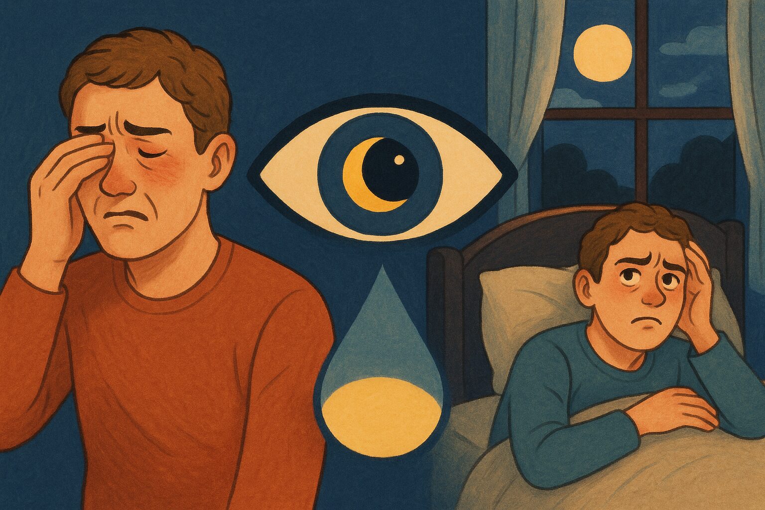 ドライアイによる目の痛みと不眠の関係を表すイラスト｜夜の寝室で目を押さえる人物と眠れずに悩む人物