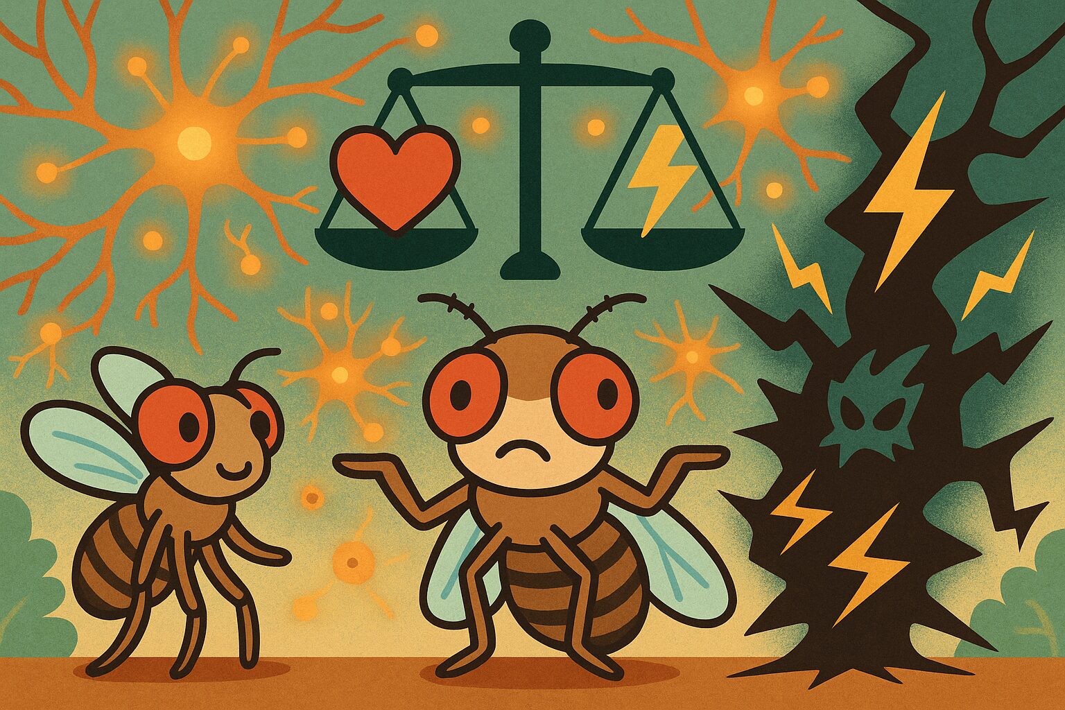 オスのショウジョウバエが愛と危険の間で葛藤する様子を描いたレトロ風イラスト。背景に神経細胞とドーパミン粒子。