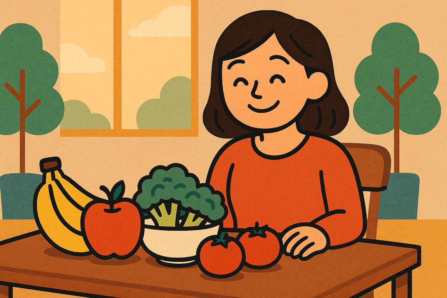 健康的な朝食を楽しむ笑顔の女性と新鮮な果物・野菜のイラスト